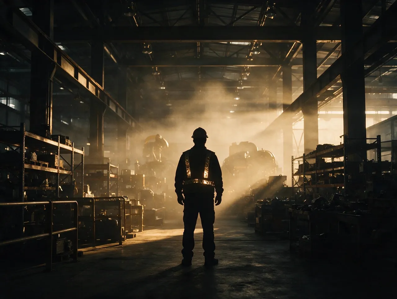 Trabalhador de capacete em galpão industrial em contraluz